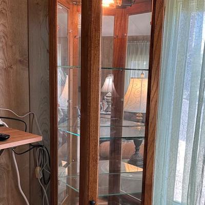 65 CURIO CABINET 3 SIDED OAK & GLASS 73" TALL
