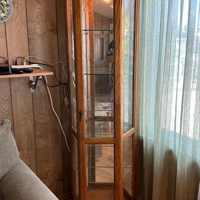 65 CURIO CABINET 3 SIDED OAK & GLASS 73" TALL