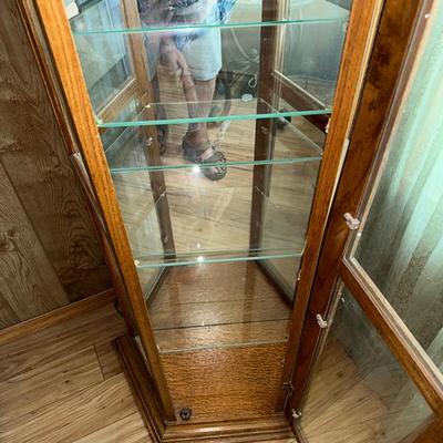 65 CURIO CABINET 3 SIDED OAK & GLASS 73" TALL