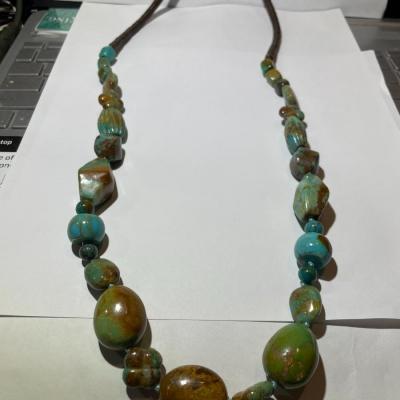 New Never Used Condition Southwest Style Turquoise Chunky Bead & Leather 30" Necklace Preowned from an Estate. (Jewelry Piece #40).