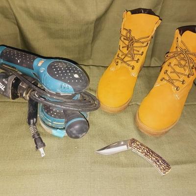 MAKITA ELECTRIC SANDER, MEN'S WORK BOOTS (9) AND POCKET KNIFE