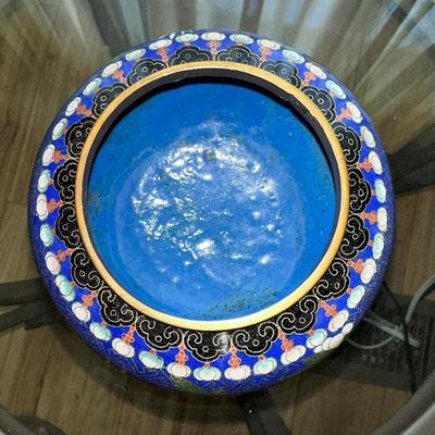 71 CLOISONNE ENAMEL BRASS BOWL BLUE WITH FLOWERS 6"