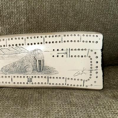 72 CRIBBAGE BOARD WALRUS TUSK SHAPE DRAWING SIGNED COOK