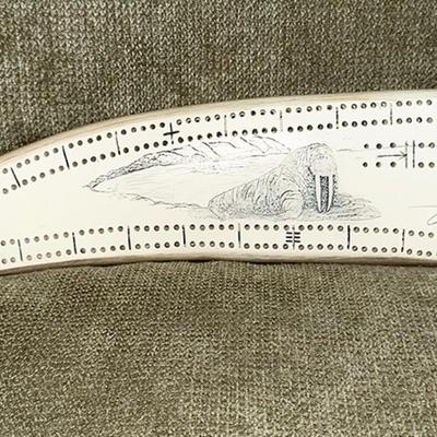 72 CRIBBAGE BOARD WALRUS TUSK SHAPE DRAWING SIGNED COOK