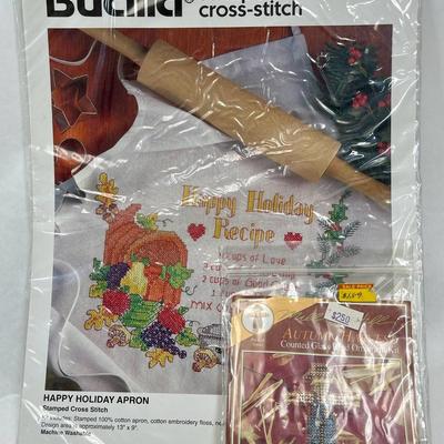 Bucilla Stamped Cross-Stitch Apron and Miniature Scarecrow Cross-Stitch