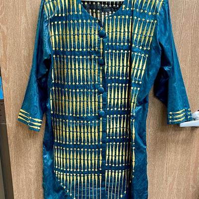 2-piece Woman's Stitched Linen Embroidered Suit, Aqua Marine & Gold