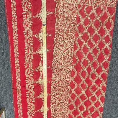 Long Rectangular Red & Gold Embroidered Tablecloth and 7 napkins
