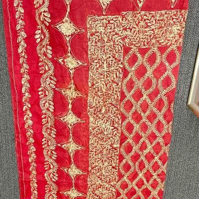 Long Rectangular Red & Gold Embroidered Tablecloth and 7 napkins