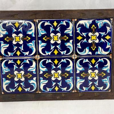 Vintage Framed Ceramic Tile Trivet Cobalt Blue Yellow and White