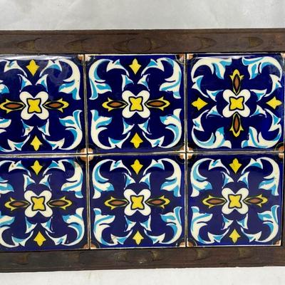 Vintage Framed Ceramic Tile Trivet Cobalt Blue Yellow and White