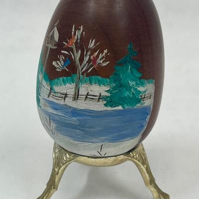 Vintage Wooden Egg with farm scene hand painted design signed