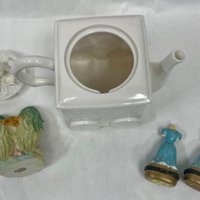 Home Decor Lot - Vintage Teapot, Angel Figurine, 2 Limoge style Trinket boxes