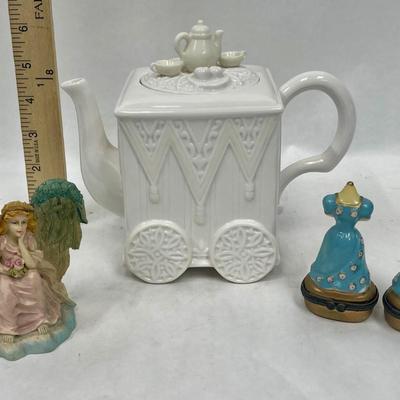 Home Decor Lot - Vintage Teapot, Angel Figurine, 2 Limoge style Trinket boxes