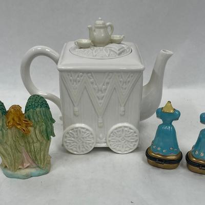 Home Decor Lot - Vintage Teapot, Angel Figurine, 2 Limoge style Trinket boxes