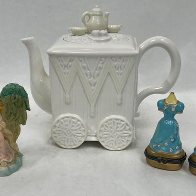Home Decor Lot - Vintage Teapot, Angel Figurine, 2 Limoge style Trinket boxes