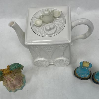Home Decor Lot - Vintage Teapot, Angel Figurine, 2 Limoge style Trinket boxes