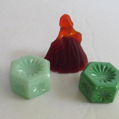 Vintage Red Satin Boyd Glass Doll and 2 Green Salts