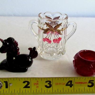 Boyd Small Amethyst Unicorn, Red Salt and Mosser Glass Childs Hand Painted Spooner