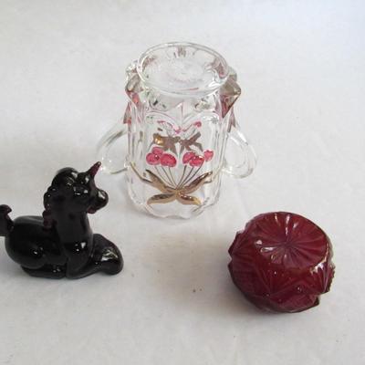 Boyd Small Amethyst Unicorn, Red Salt and Mosser Glass Childs Hand Painted Spooner