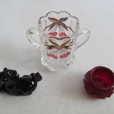 Boyd Small Amethyst Unicorn, Red Salt and Mosser Glass Childs Hand Painted Spooner