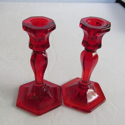 Older Mosser Glass Child's Red Candlesticks