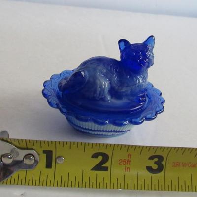 Vintage Mosser Glass Cat Covered Salt, Blue and White Slag