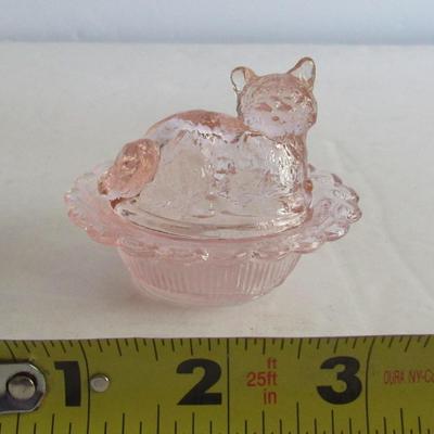 Vintage Mosser Glass Transparent Pink Cat Covered Salt
