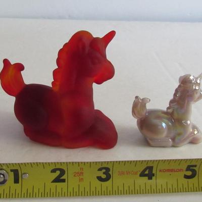 Vintage Boyd Glass Unicorns, Larger Red Satin, Small Carnival Glass
