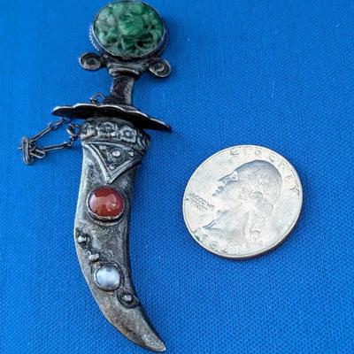 Vintage Sterling Silver Sword in Sheath pin Jade Carnelian Moonstone