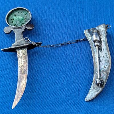 Vintage Sterling Silver Sword in Sheath pin Jade Carnelian Moonstone