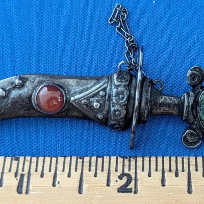 Vintage Sterling Silver Sword in Sheath pin Jade Carnelian Moonstone