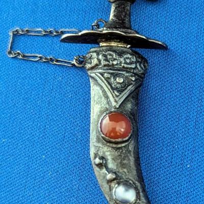 Vintage Sterling Silver Sword in Sheath pin Jade Carnelian Moonstone