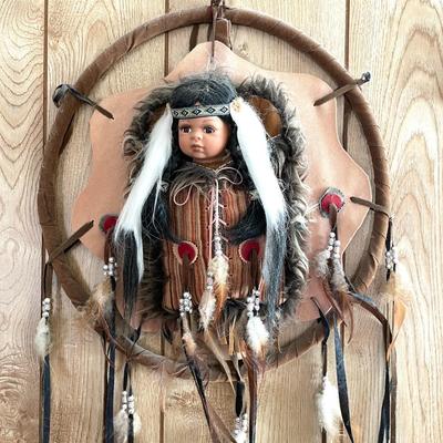 87 SOUTHWEST STYLE WALL HANGING ETHNIC DOLL FEATHERS FAUX FUR