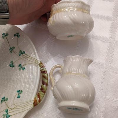 Vintage Belleek Plate and Creamer and Sugar Bowl
