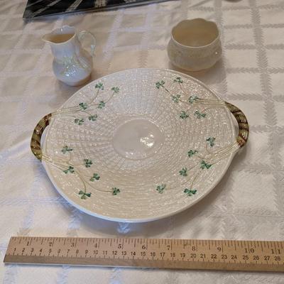 Vintage Belleek Plate and Creamer and Sugar Bowl