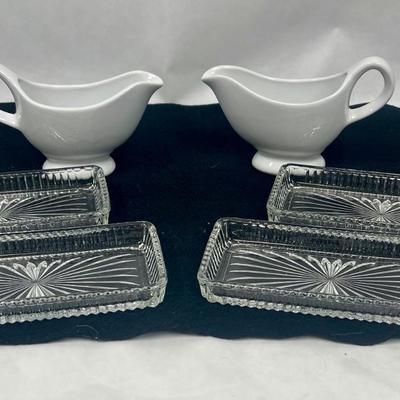 Kitchen Dining Lot - 4 rectangular crystal plates & 2 White Ceramic Small Pitchers