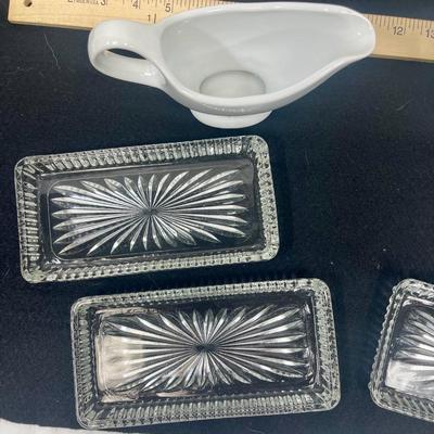 Kitchen Dining Lot - 4 rectangular crystal plates & 2 White Ceramic Small Pitchers