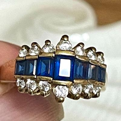 99 STERLING COCKTAIL RING BLUE & CLEAR STONES SIZE 8