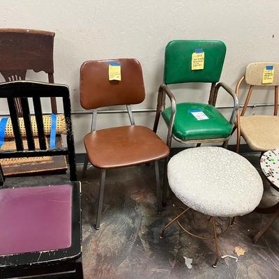 Vintage chairs 1 vanity stool, and 1 tile topped table.