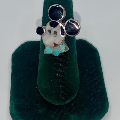 Vintage Native American Silver Mickey Mouse Ring W/Stone Inlay