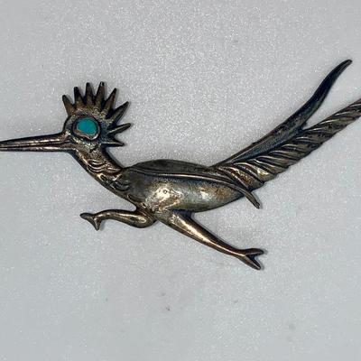 Vintage Native American Pawn Silver and Turquoise Roadrunner Pin/Brooch