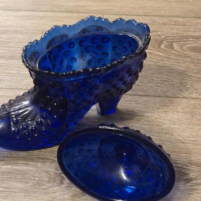 Cobalt Blue Hobnail Glass Shoe With Lid