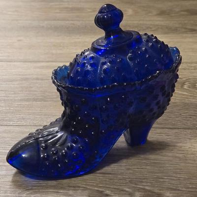 Cobalt Blue Hobnail Glass Shoe With Lid