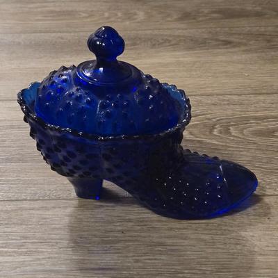Cobalt Blue Hobnail Glass Shoe With Lid