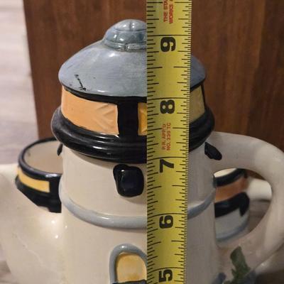 Ceramic Lighthouse Teapot, Cups, Milk Pitcher and Sugar Bowl