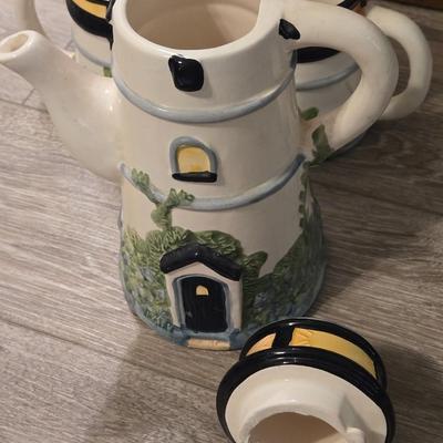 Ceramic Lighthouse Teapot, Cups, Milk Pitcher and Sugar Bowl