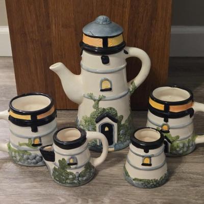 Ceramic Lighthouse Teapot, Cups, Milk Pitcher and Sugar Bowl