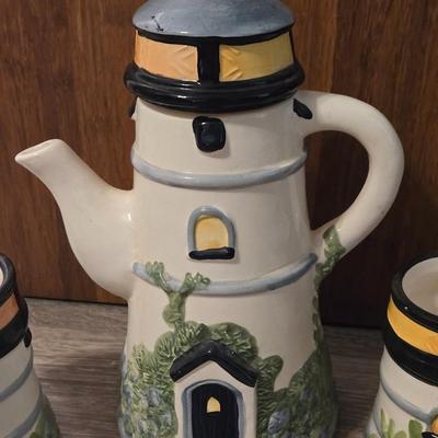 Ceramic Lighthouse Teapot, Cups, Milk Pitcher and Sugar Bowl
