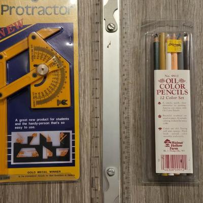 Metal Paper Tray, Protractor, Ruler, and Colored Pencils