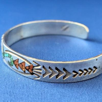 Native American Navajo Gene Gibson silver Turquoise Coral inlay cuff bracelet